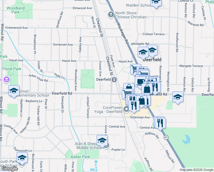 map of restaurants, bars, coffee shops, grocery stores, and more near 825 Forest Avenue in Deerfield