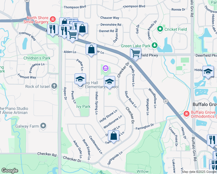 map of restaurants, bars, coffee shops, grocery stores, and more near 790 Essington Lane in Buffalo Grove