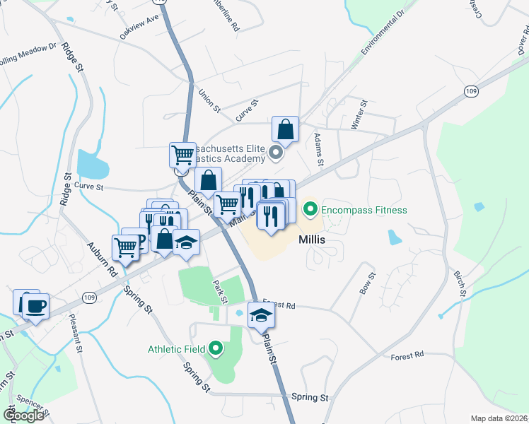 map of restaurants, bars, coffee shops, grocery stores, and more near 12 Milliston Road in Millis
