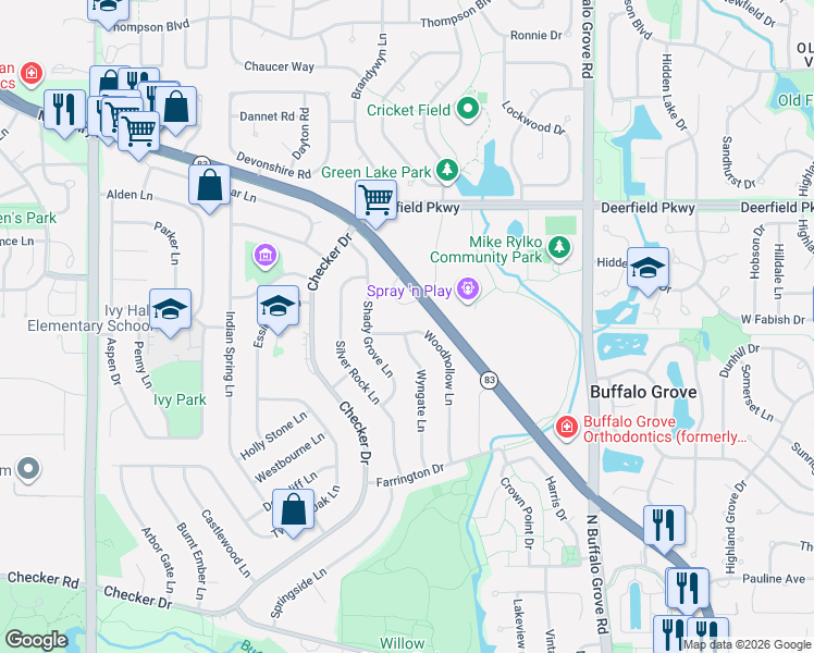 map of restaurants, bars, coffee shops, grocery stores, and more near 770 Wyngate Lane in Buffalo Grove