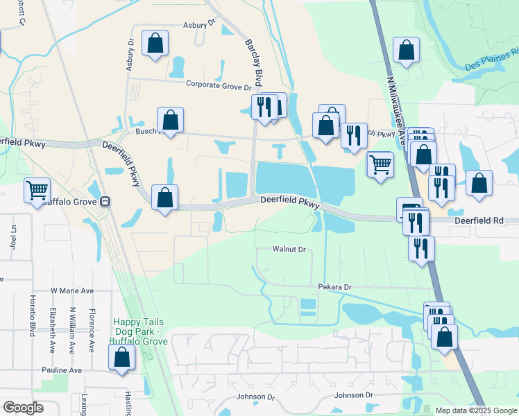 map of restaurants, bars, coffee shops, grocery stores, and more near 1225 Deerfield Parkway in Buffalo Grove