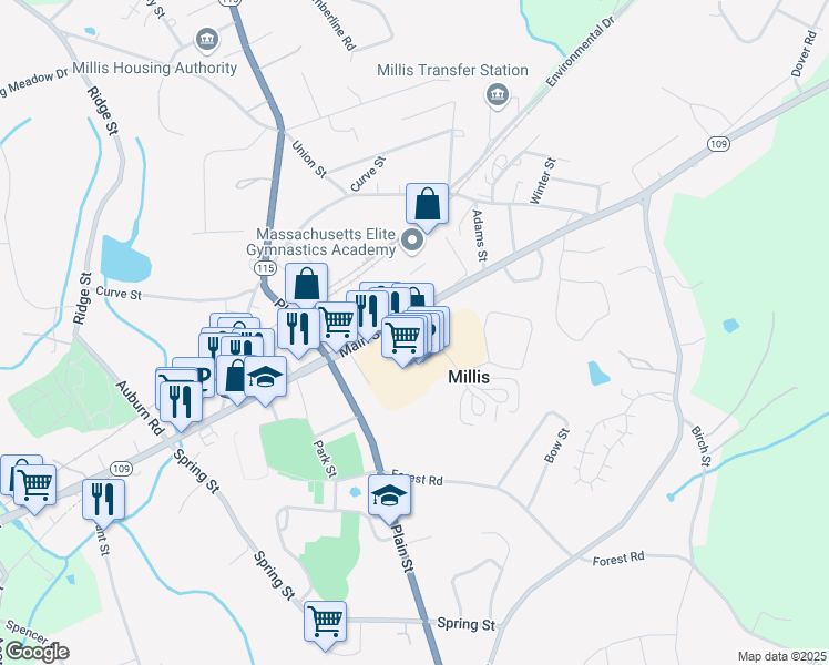 map of restaurants, bars, coffee shops, grocery stores, and more near 12 Milliston Road in Millis