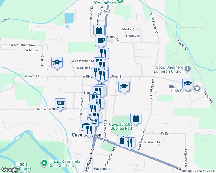 map of restaurants, bars, coffee shops, grocery stores, and more near 120 South Caves Avenue in Cave Junction