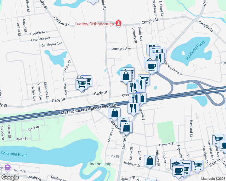 map of restaurants, bars, coffee shops, grocery stores, and more near 37 Cherry Street in Ludlow