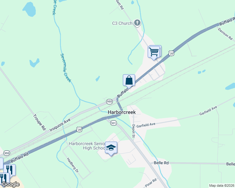 map of restaurants, bars, coffee shops, grocery stores, and more near 6589 U.S. 20 in Harborcreek