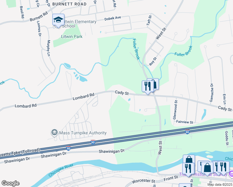 map of restaurants, bars, coffee shops, grocery stores, and more near 293 Cady Street in Ludlow