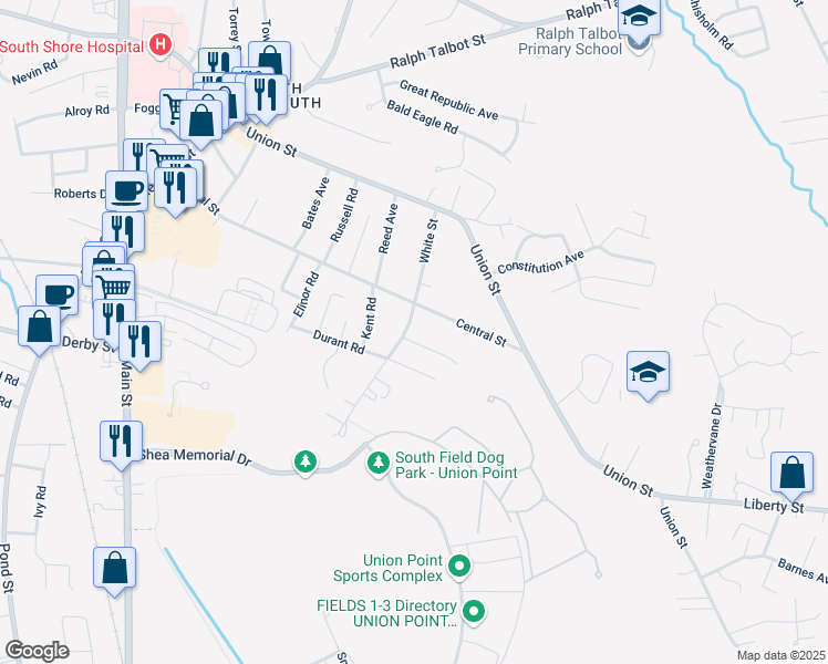 map of restaurants, bars, coffee shops, grocery stores, and more near 12 Wright Street in Weymouth
