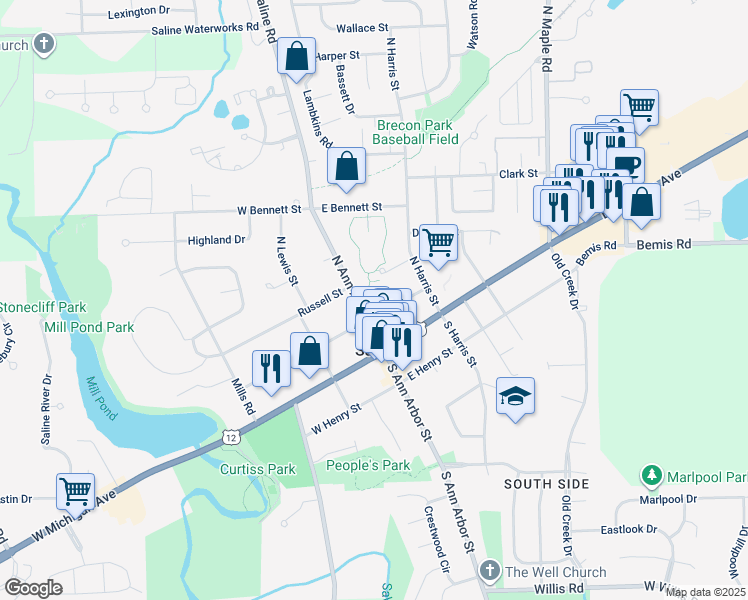 map of restaurants, bars, coffee shops, grocery stores, and more near 200 North Ann Arbor Street in Saline