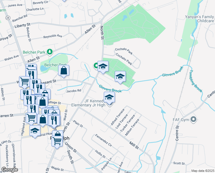 map of restaurants, bars, coffee shops, grocery stores, and more near 13 Regina Road in Randolph