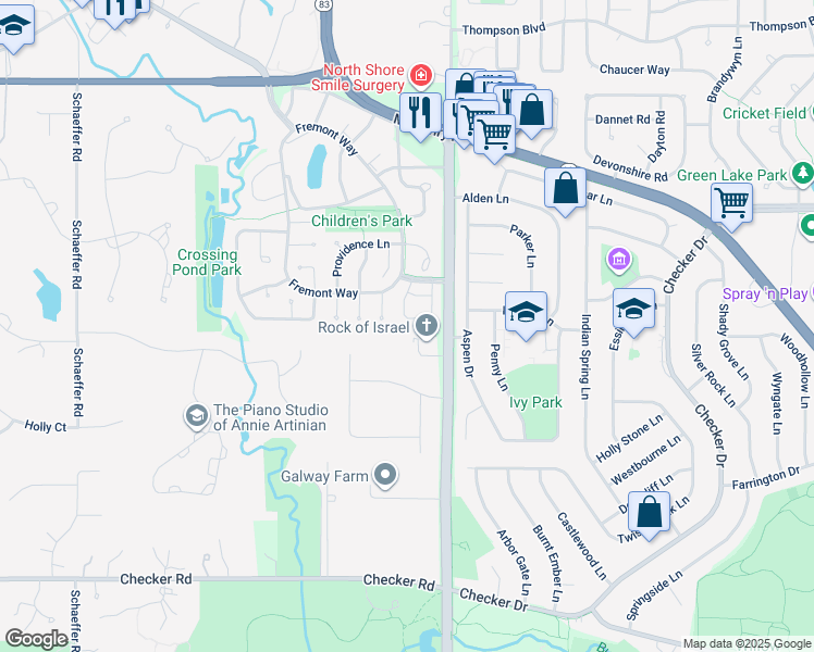map of restaurants, bars, coffee shops, grocery stores, and more near 879 Newport Court in Buffalo Grove