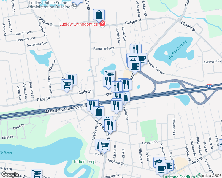 map of restaurants, bars, coffee shops, grocery stores, and more near 425 Center Street in Ludlow