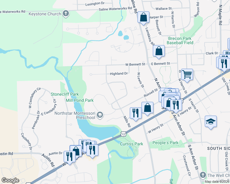 map of restaurants, bars, coffee shops, grocery stores, and more near 357 Hollywood Drive in Saline
