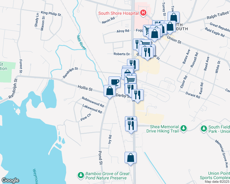 map of restaurants, bars, coffee shops, grocery stores, and more near 16 Derby Street in Weymouth
