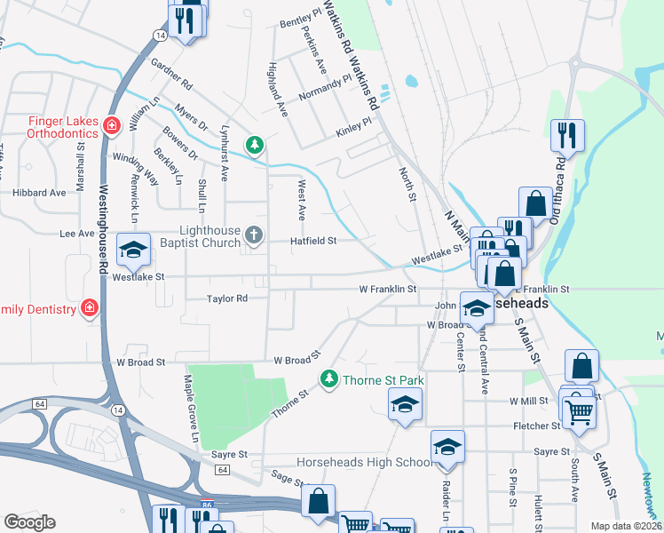 map of restaurants, bars, coffee shops, grocery stores, and more near 541 Westlake Street in Horseheads