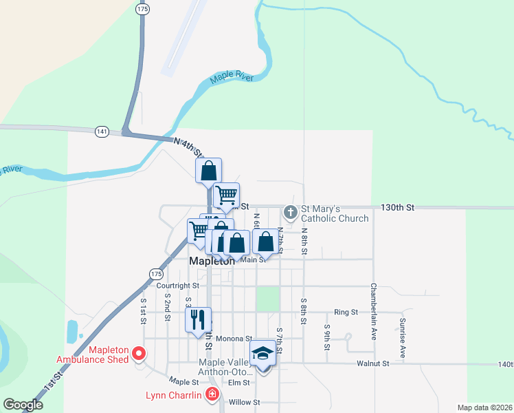 map of restaurants, bars, coffee shops, grocery stores, and more near 298 North 6th Street in Mapleton