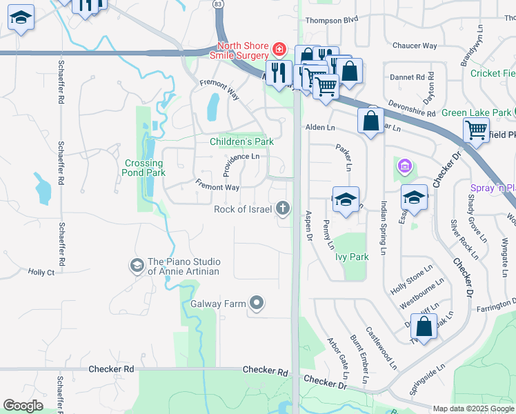 map of restaurants, bars, coffee shops, grocery stores, and more near 879 Newport Court in Buffalo Grove