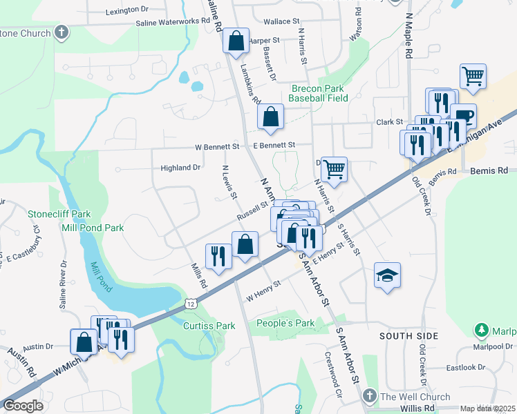 map of restaurants, bars, coffee shops, grocery stores, and more near 100 Russell Street in Saline