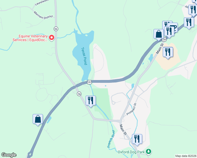 map of restaurants, bars, coffee shops, grocery stores, and more near 155 Southbridge Road in Oxford