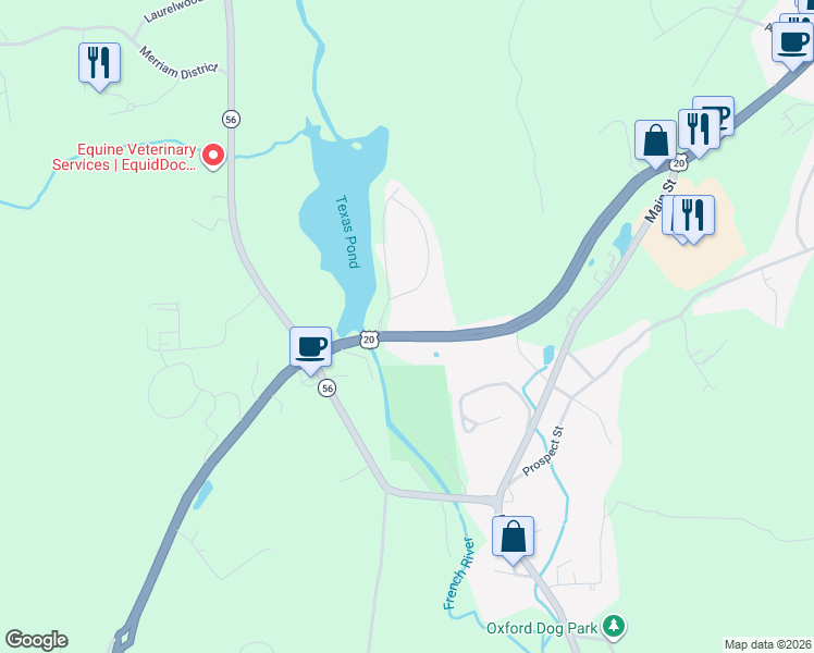 map of restaurants, bars, coffee shops, grocery stores, and more near 155 Southbridge Road in Oxford