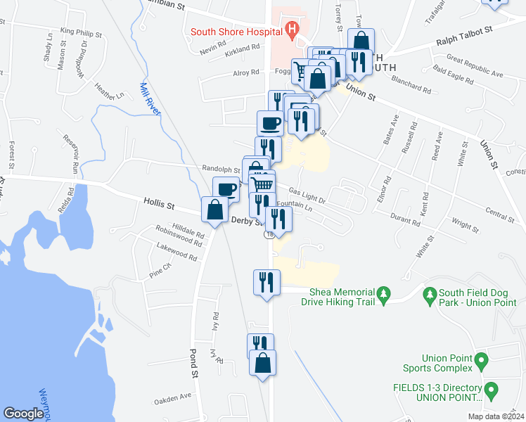 map of restaurants, bars, coffee shops, grocery stores, and more near in Weymouth