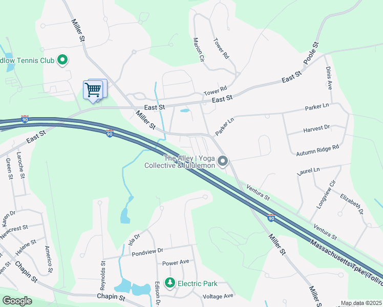 map of restaurants, bars, coffee shops, grocery stores, and more near Massachusetts Turnpike in Ludlow