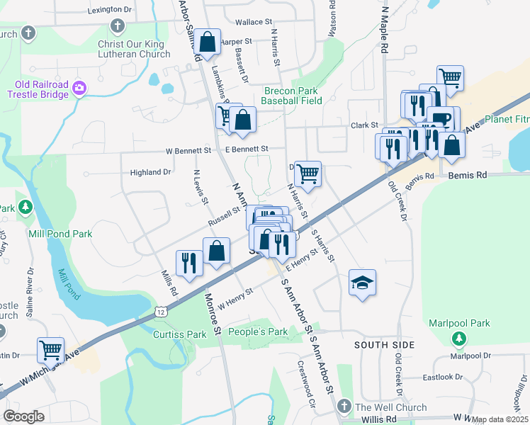 map of restaurants, bars, coffee shops, grocery stores, and more near 200 North Ann Arbor Street in Saline