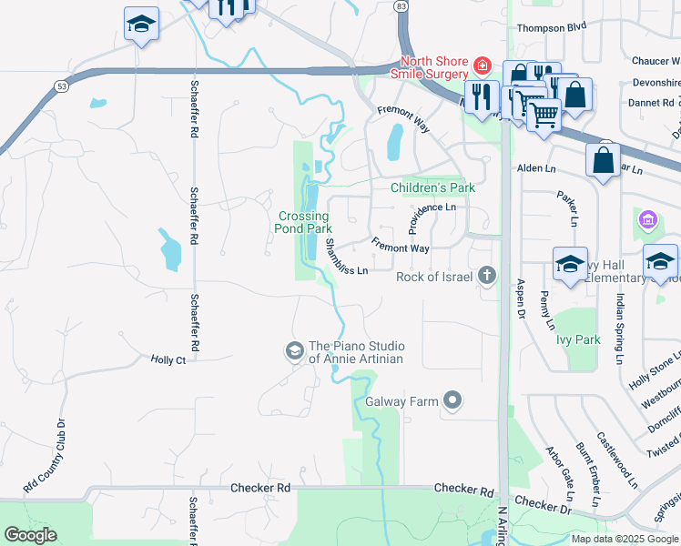 map of restaurants, bars, coffee shops, grocery stores, and more near 898 Shambliss Lane in Buffalo Grove