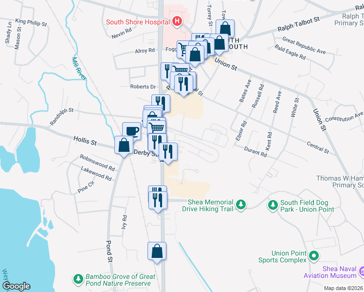 map of restaurants, bars, coffee shops, grocery stores, and more near 37 Fountain Lane in Weymouth