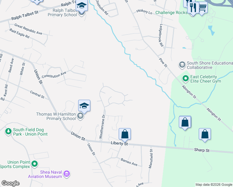 map of restaurants, bars, coffee shops, grocery stores, and more near 33 Mulligan Drive in Weymouth
