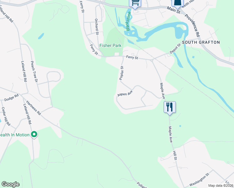 map of restaurants, bars, coffee shops, grocery stores, and more near 36 Aspen Avenue in Grafton