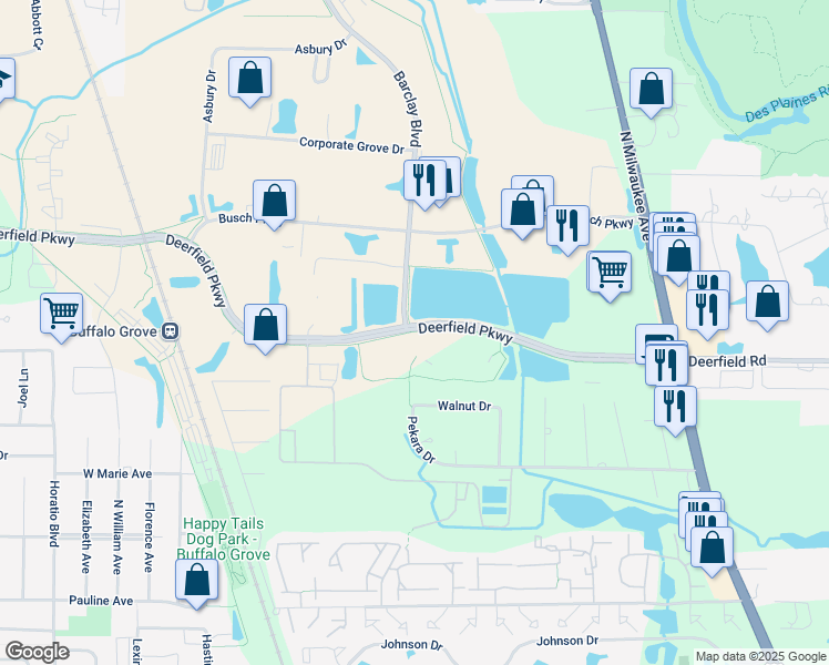 map of restaurants, bars, coffee shops, grocery stores, and more near 1225 Deerfield Parkway in Buffalo Grove