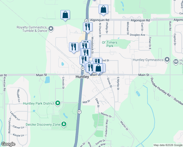 map of restaurants, bars, coffee shops, grocery stores, and more near 11801 Main Street in Huntley
