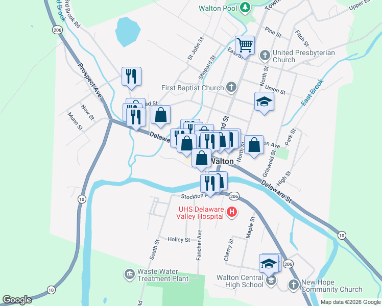 map of restaurants, bars, coffee shops, grocery stores, and more near 187 Delaware Street in Walton