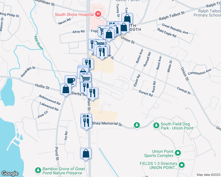 map of restaurants, bars, coffee shops, grocery stores, and more near 79 Fountain Lane in Weymouth