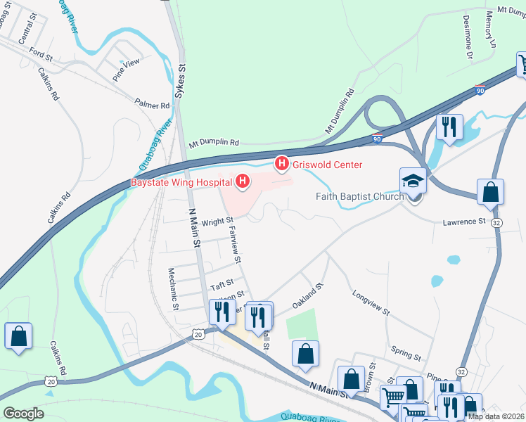map of restaurants, bars, coffee shops, grocery stores, and more near 162 Beacon Drive in Palmer