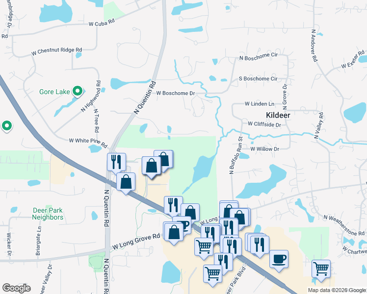 map of restaurants, bars, coffee shops, grocery stores, and more near 21031 North Quentin Road in Lake Zurich