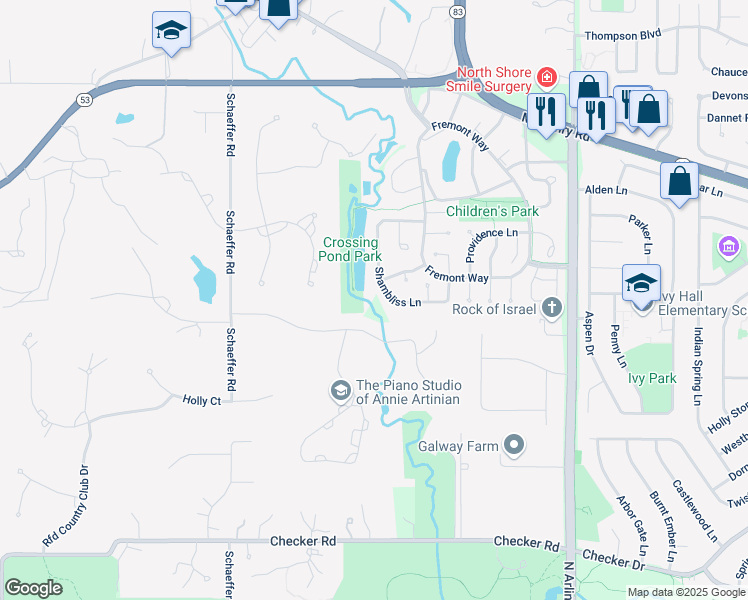map of restaurants, bars, coffee shops, grocery stores, and more near 898 Shambliss Lane in Buffalo Grove