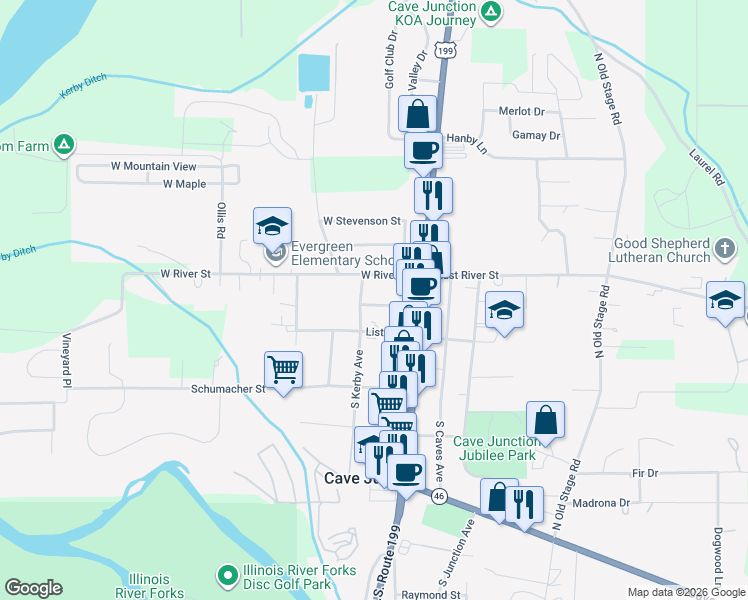 map of restaurants, bars, coffee shops, grocery stores, and more near in Cave Junction