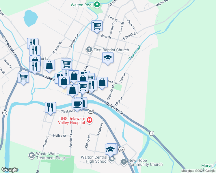 map of restaurants, bars, coffee shops, grocery stores, and more near 17 Griswold Street in Walton