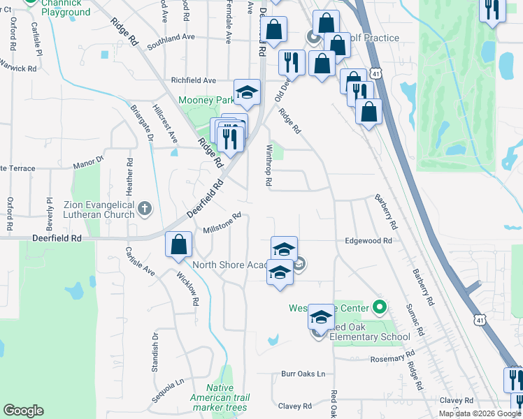 map of restaurants, bars, coffee shops, grocery stores, and more near 845 Smoke Tree Road in Deerfield