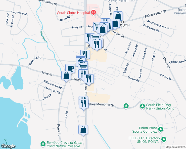 map of restaurants, bars, coffee shops, grocery stores, and more near 53 Fountain Lane in Weymouth