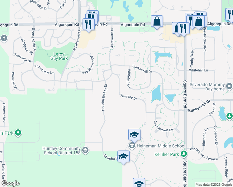 map of restaurants, bars, coffee shops, grocery stores, and more near 520 Tuscany Drive in Algonquin