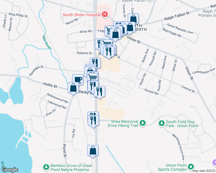 map of restaurants, bars, coffee shops, grocery stores, and more near 65 Fountain Lane in Weymouth
