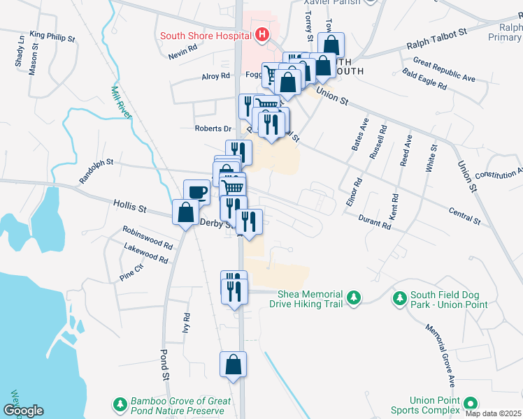 map of restaurants, bars, coffee shops, grocery stores, and more near 1068 Main Street in Weymouth