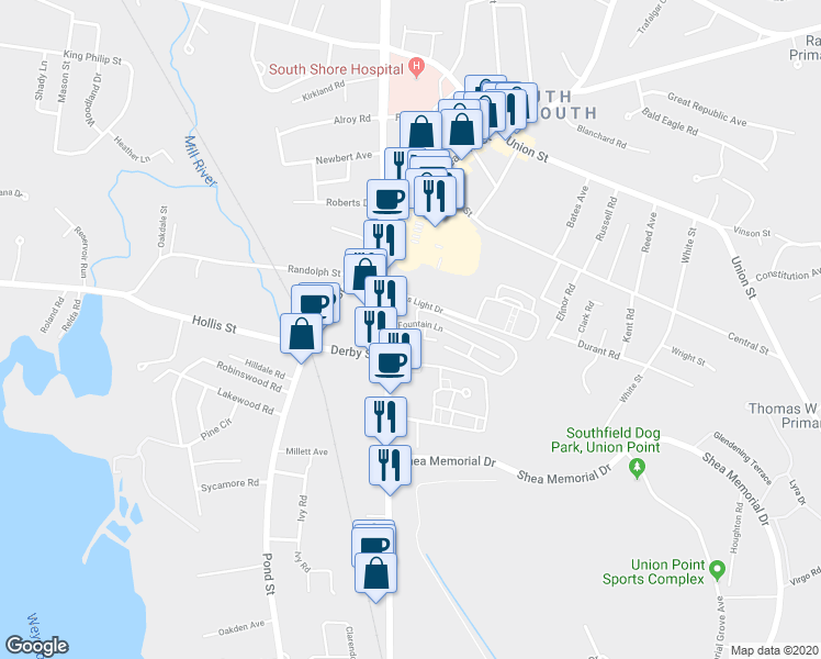 map of restaurants, bars, coffee shops, grocery stores, and more near 1068 Main Street in Weymouth