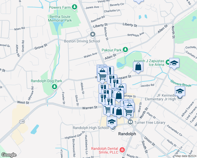 map of restaurants, bars, coffee shops, grocery stores, and more near 22 Corcoran Street in Randolph