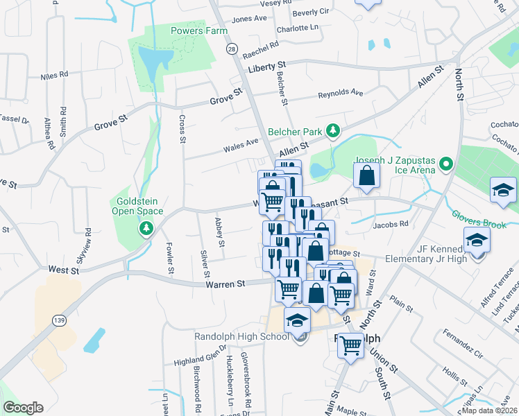 map of restaurants, bars, coffee shops, grocery stores, and more near 22 Corcoran Street in Randolph