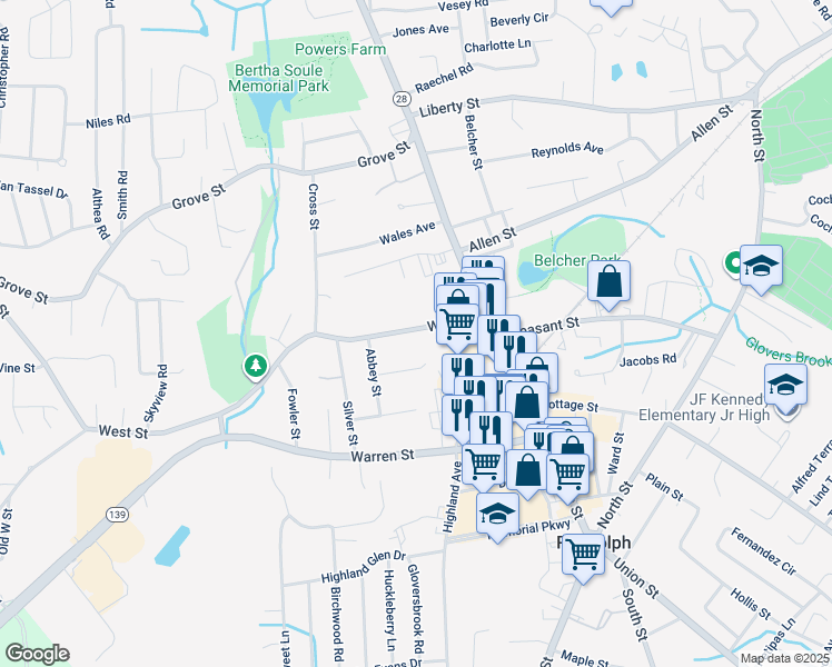 map of restaurants, bars, coffee shops, grocery stores, and more near 22 Corcoran Street in Randolph