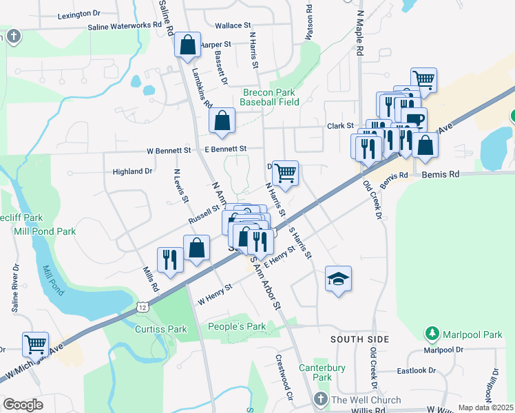 map of restaurants, bars, coffee shops, grocery stores, and more near 100 East McKay Street in Saline