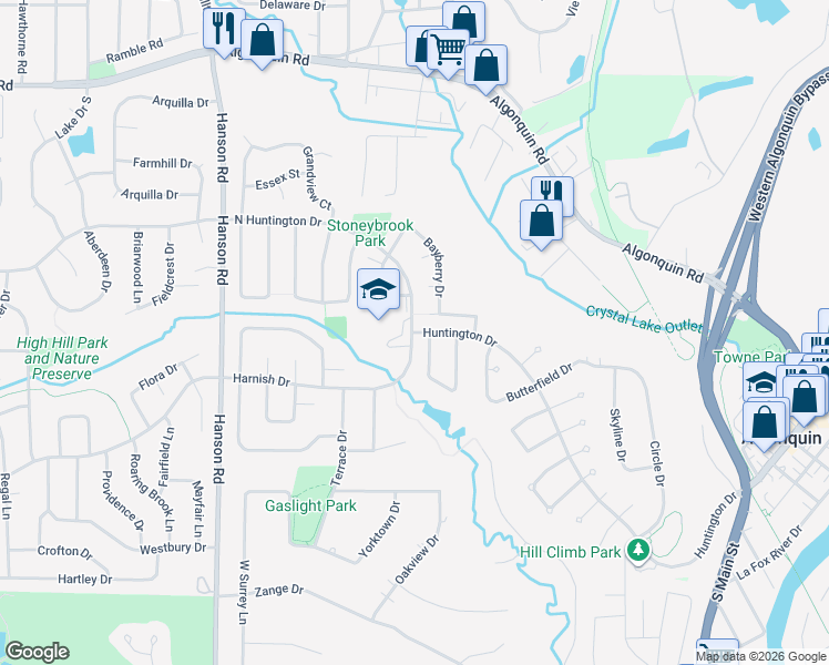 map of restaurants, bars, coffee shops, grocery stores, and more near 410 Shagbark Court in Algonquin